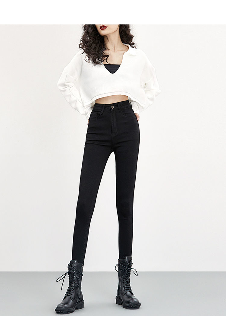 瓷俪新品烟灰色牛仔裤女烟灰色高腰牛仔裤女春秋新款修身显瘦高弹力