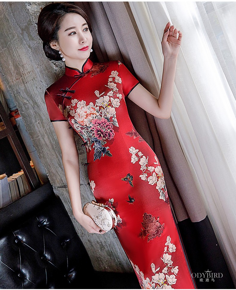 女装新式新款中国风民国改良连衣裙优雅长款真丝旗袍女花团锦簇xxl