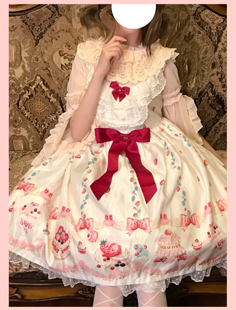 lolita连衣裙草莓蛋糕印花jsk蝴蝶结蕾丝背心裙op暗黑国风连衣裙 jsk
