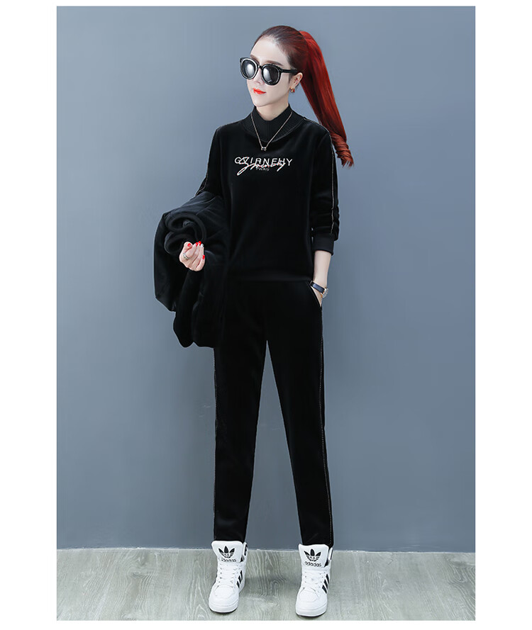 okoj双面绒卫衣三件套女秋冬2019新款时尚加绒加厚保暖休闲运动套装女
