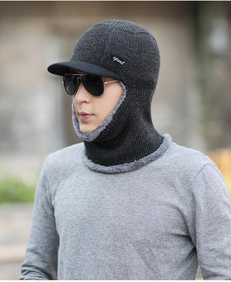 冬帽男线帽护耳帽子男士加绒加厚围脖一体保暖针织毛线帽骑车护脖