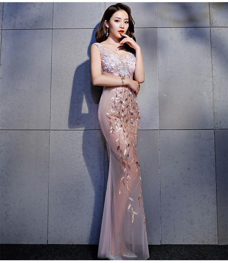 夜塲礼服女2019性感名媛晚礼服夜塲长裙透明网纱长款透视礼服 粉色