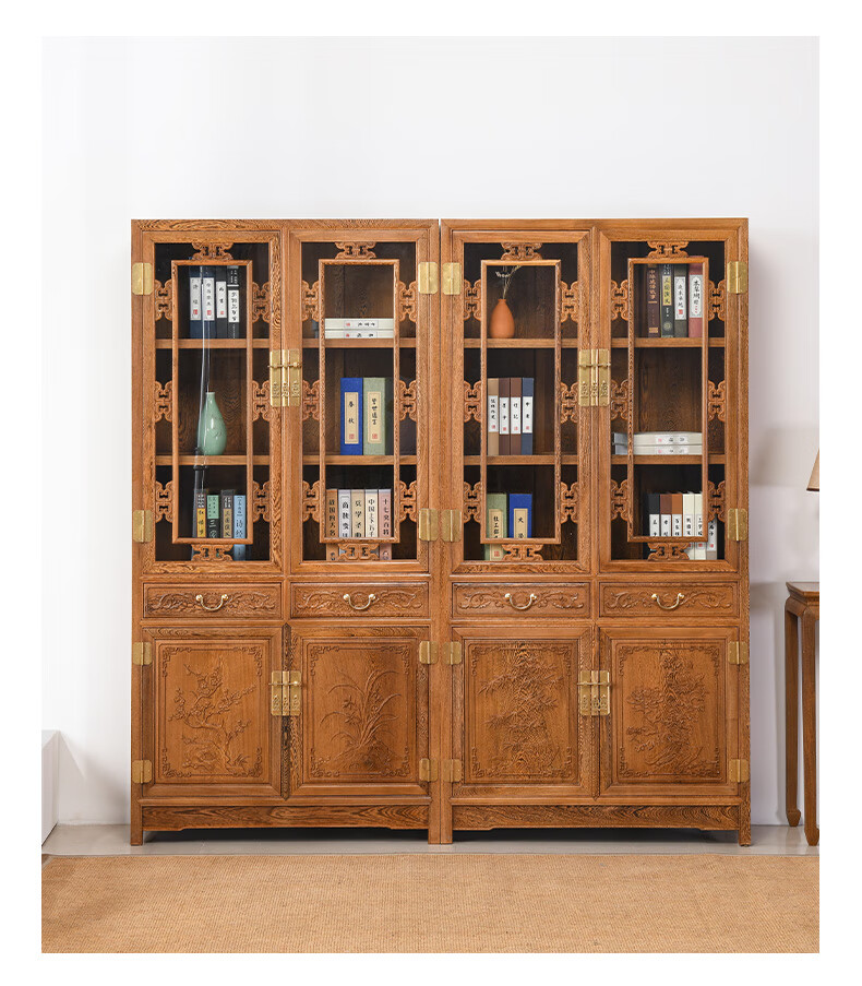 明禧名居家具学名书柜书橱中式实木玻璃陈列柜古典雕花展示储物柜三
