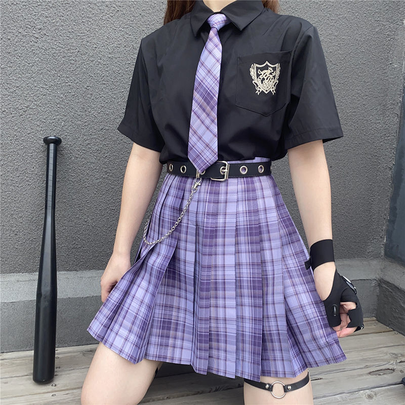 衬衫日系学院风格子短裙百褶裙套装dd 白短衬衫 星野格裙 领结 衣架 m