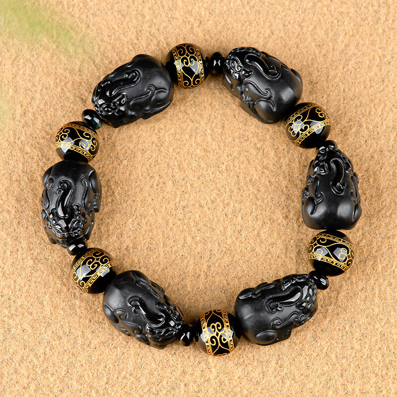 缅甸翡翠墨玉双貔貅手串冰种玉石珠子手链男 青玉貔貅手链16mm【图片