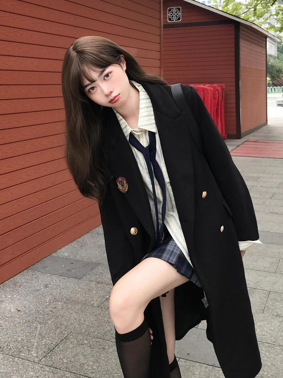 大衣盐渍原创青梅jk大衣中长款东大日系高校徽章双排扣呢子学院风外套