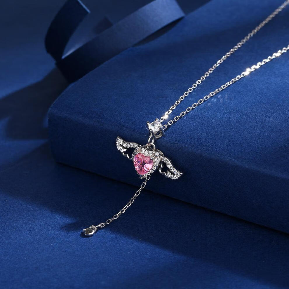 slv轻奢品牌粉钻丘比特之心项链女925浪漫主义天使锁骨链生日礼物送