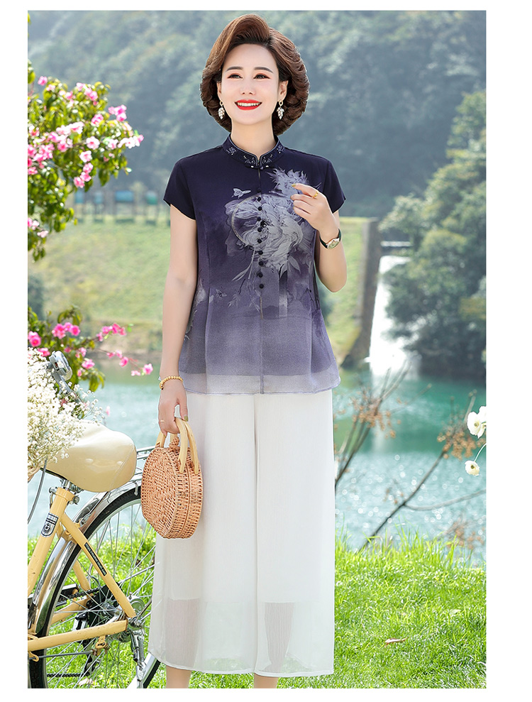 杭州丝绸妈妈夏装真丝套装中年女洋气中国风小衫中老年人夏季短袖上衣