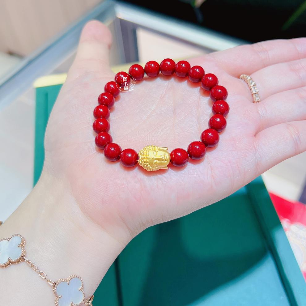 足金朱砂金佛头转运珠手饰礼物本命年手链男女款足金佛头朱砂图片同款