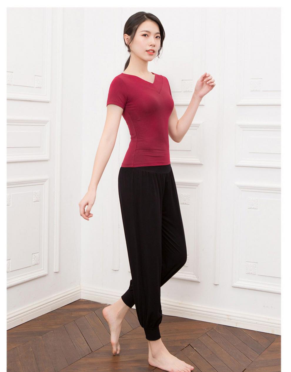 古典黑色跳舞教师舞形体莫代尔短袖服装衣服 黑色长袖单件上衣(前v领