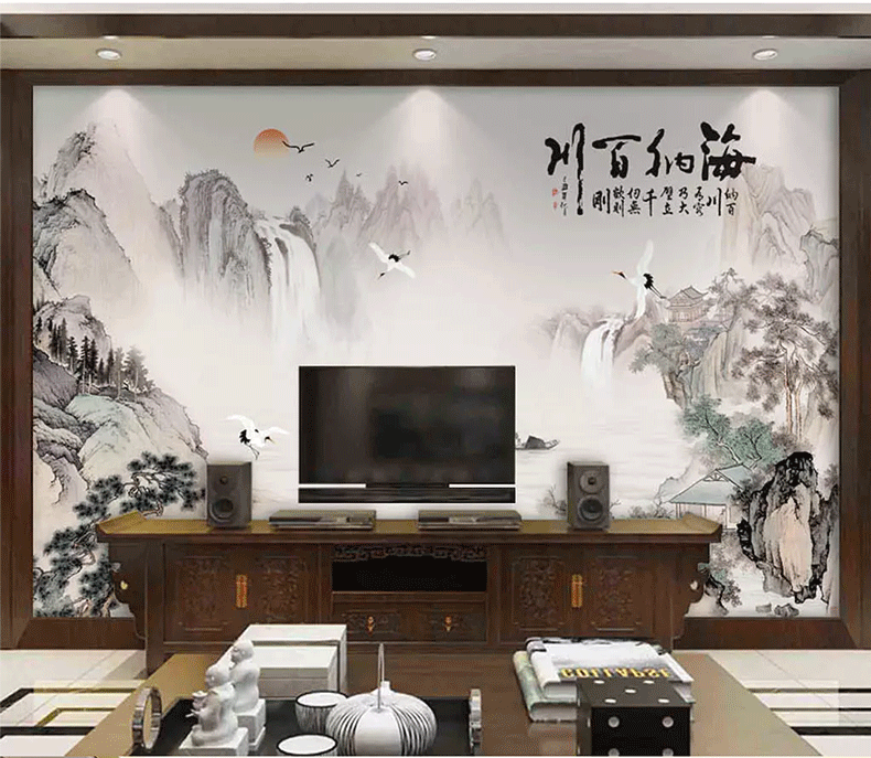 3d海纳百川新中式电视背景墙壁纸5d水墨山水画墙布客厅书房背景墙画8d