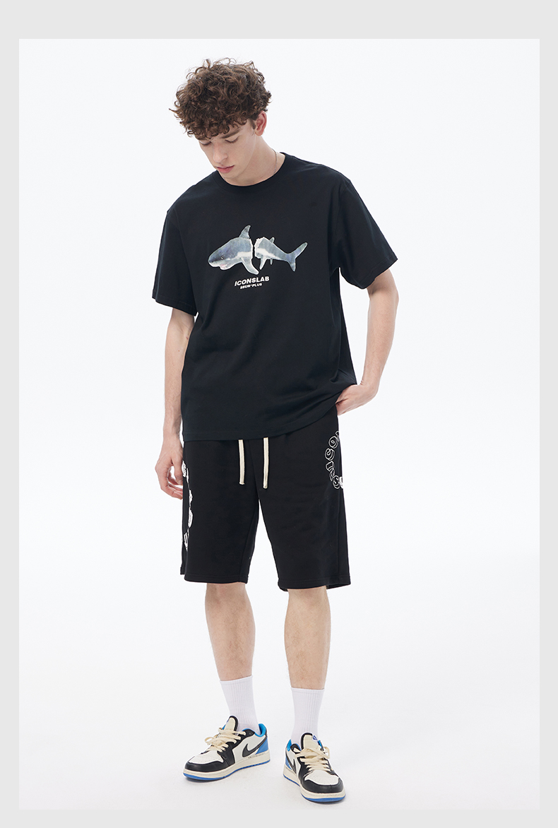 iconslab联名ssurplus鲨鱼t恤夏季新款国潮宽松休闲情侣短袖男白色s