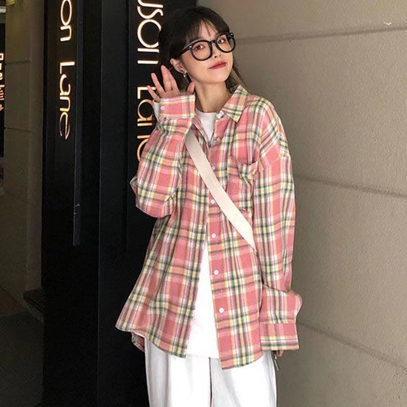 bmlc 夏天穿的长袖中学生格子衬衣女生春秋绿色格子衬衫外套女复古港