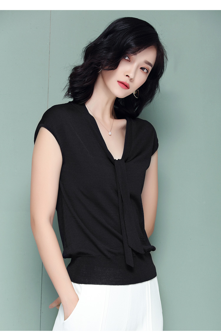 夏季冰丝针织衫宽松无袖t恤女薄款短款搭配阔腿裤甩裤v领短袖上衣