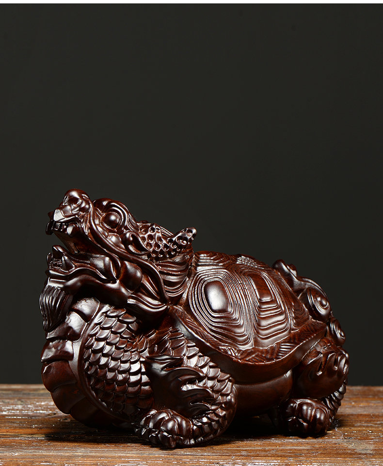唐砖黑檀木雕龙龟摆件红木雕刻工艺品实木龙头龟玄武家居办公装饰摆设