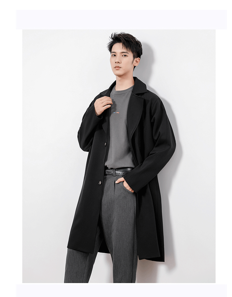 风衣男中长款男士韩版潮流商务休闲纯色垂感宽松痞帅大衣外套f67灰色m
