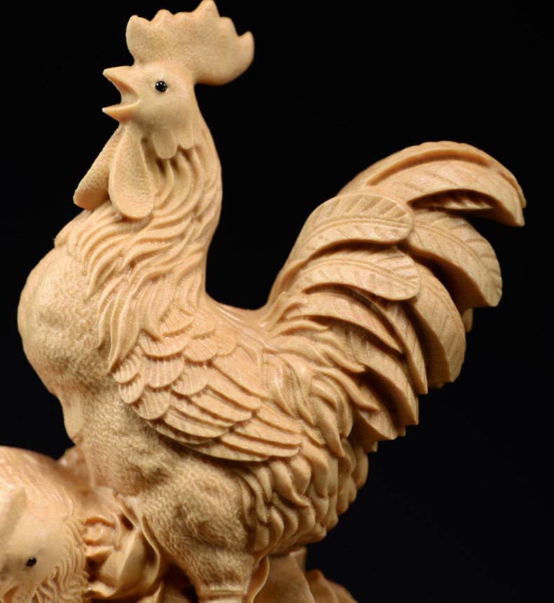唐砖小叶黄杨木雕阖家欢乐摆件实木头雕刻公鸡母鸡红木家居饰品工艺品