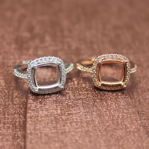 群镶钻戒正方形韩版时尚潮女款银戒托925银镀戒指空托 玫瑰金色(9x9mm