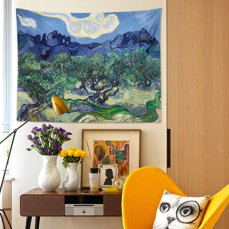 床头油画风景挂毯 梵高油画挂布艺术风景挂毯卧室床头装饰墙1布沙发
