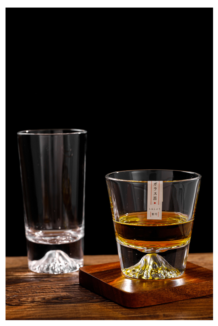 玻璃杯江户硝子礼盒雪山杯洋酒杯 富士山杯宽款【原木盒】六只【图片