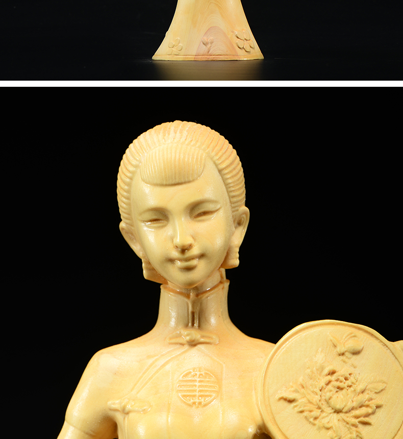 唐砖黄杨木雕实木手把件客厅创意家居装饰美女雕刻工艺品人物绣扇仕女