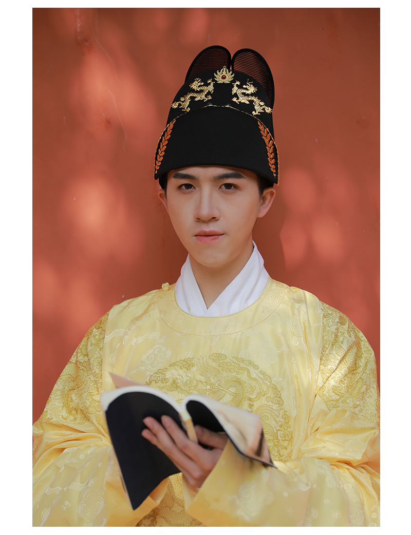 汉服成人男汉裔首服乌纱翼善冠明制双龙戏珠手工缝线皇帝冠帽汉服婚服