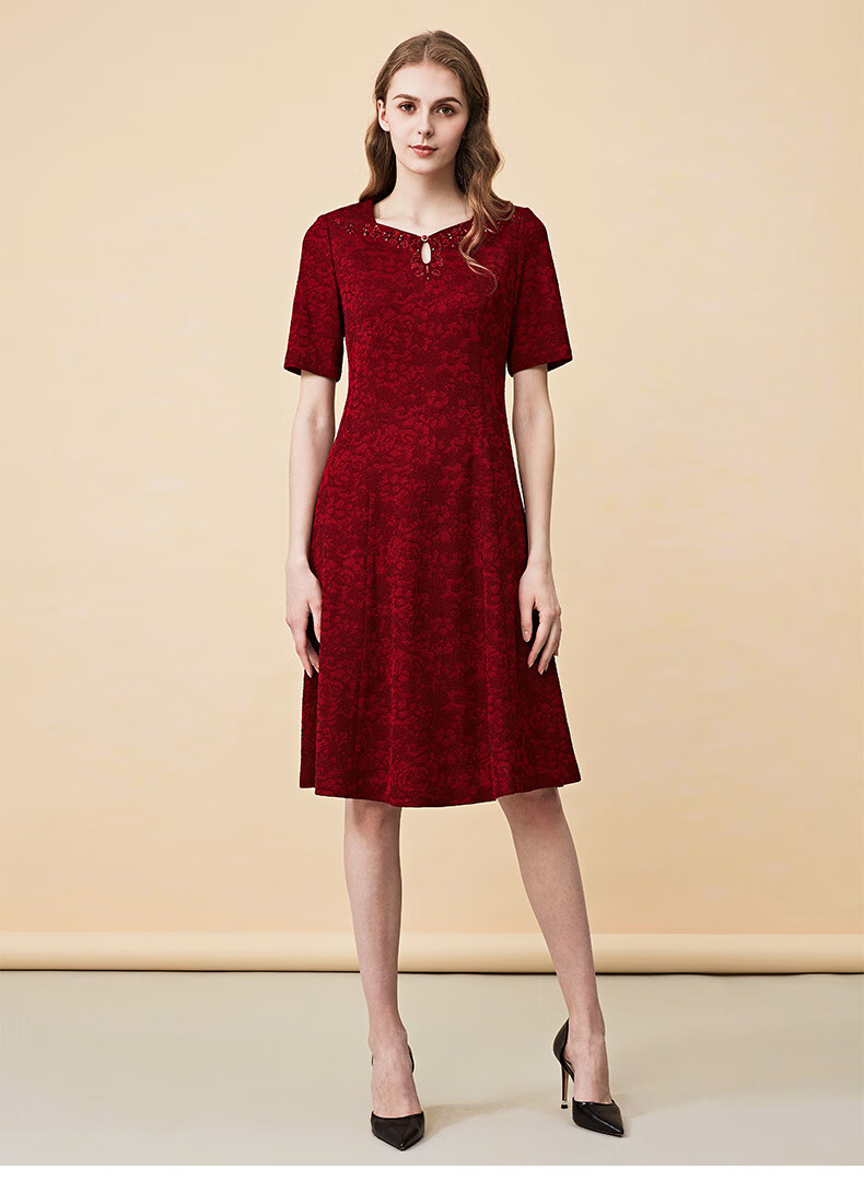 皮尔卡丹女装新款酒红色优雅短袖提花钻石修身连衣裙商场同款酒红色38