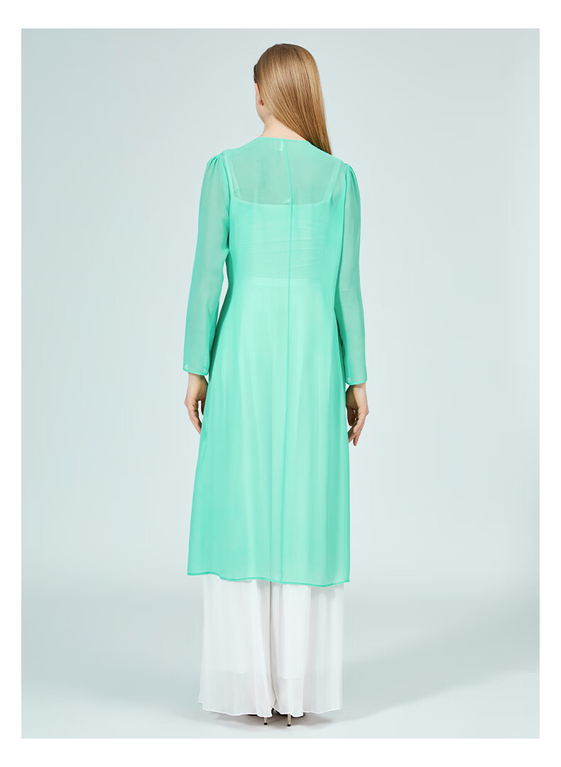 voa桑蚕丝乔其纱翠绿色v领对丝工艺花边系带长袖防晒真丝风衣外套we