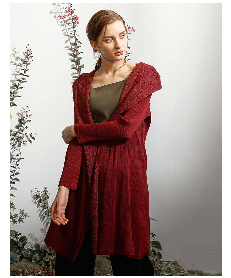 origin安瑞井女装2019秋冬新款弹力压褶长袖外套原创修身连帽外套 酒