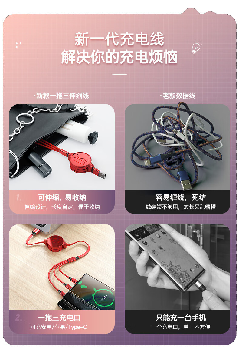 健壳 适用于数据线三合一伸缩线快充苹果多功能手机充电线一拖三加长