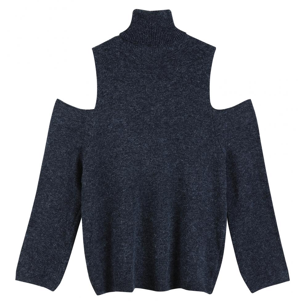 新款秋冬ins网红高领露肩保暖宽松慵懒风毛衣女 灰蓝色 m