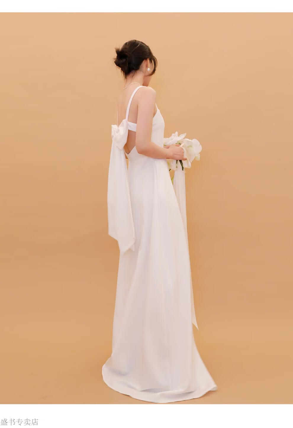婚纱礼服tansshop后背大蝴蝶结露背白色轻婚纱裙吊带拖地简约礼服裙女