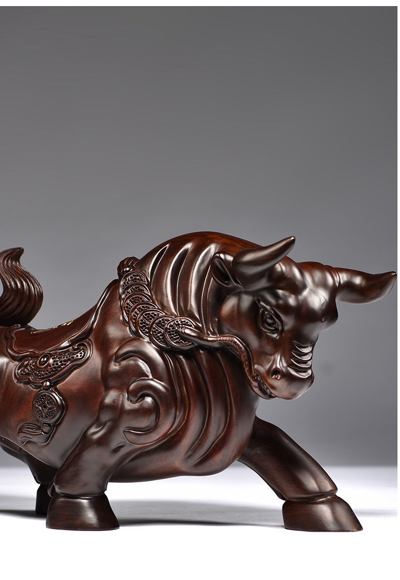 唐砖黑檀木雕刻牛摆件实木质十二生肖牛气冲天中式家居办公装饰礼品