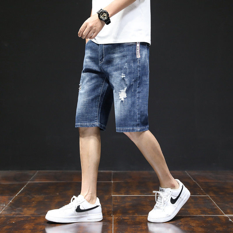 津若国潮男装联名破洞牛仔短裤男夏季裤男短款潮流外穿休闲韩版乞丐裤