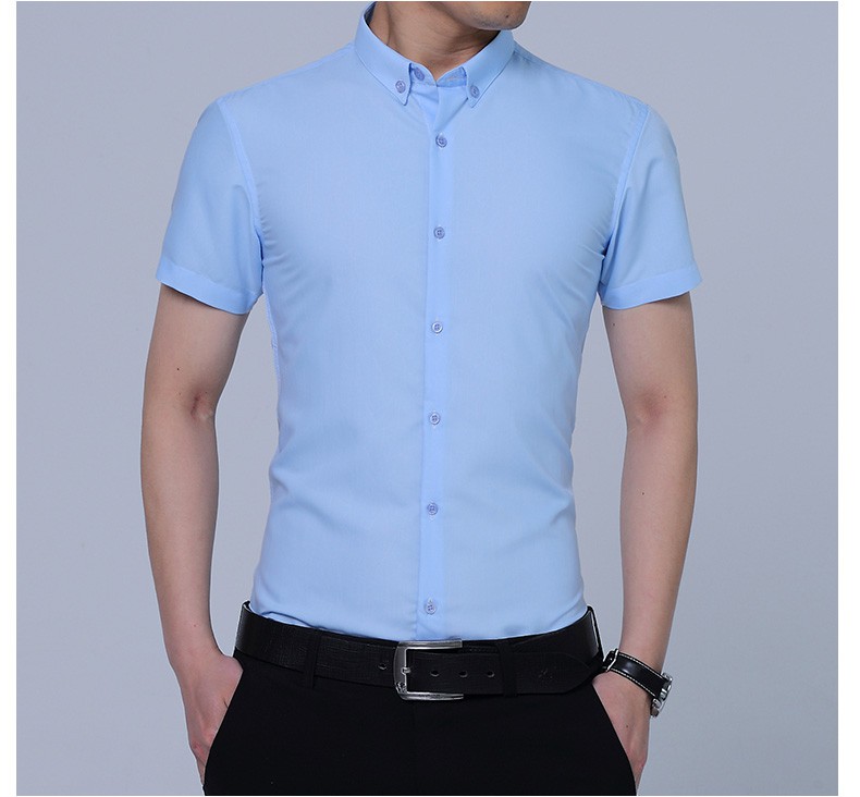 老人的确良男衬衣夏季冰丝衬衫短袖暗纹滑料薄款免烫防皱小领白潮