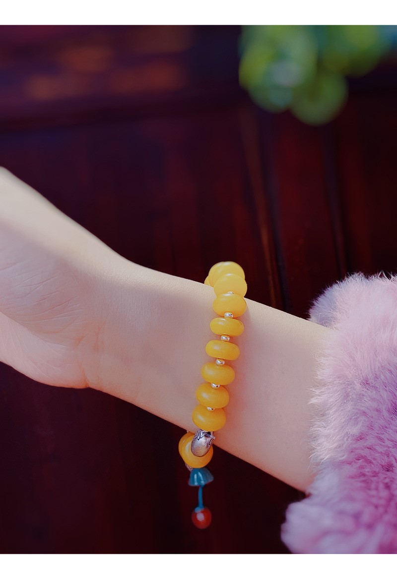 维之灿复古民族风细长小鱼钱袋手串女蜜蜡串珠流苏复古做旧精致手链