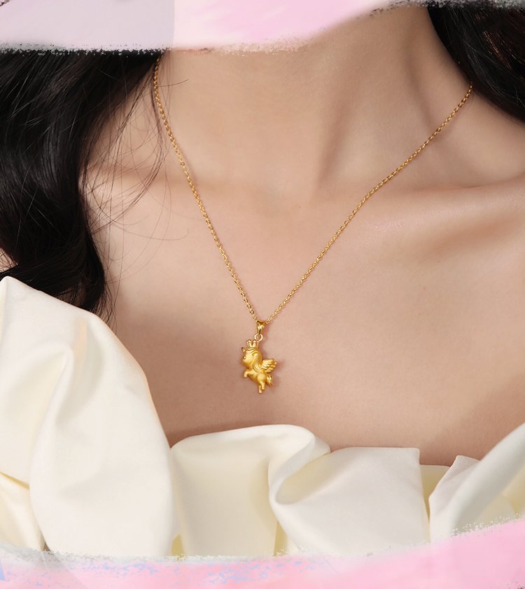 老凤凰款黄金项链女独角兽吊坠5g金链子十二生肖马皇冠套链告白礼物送