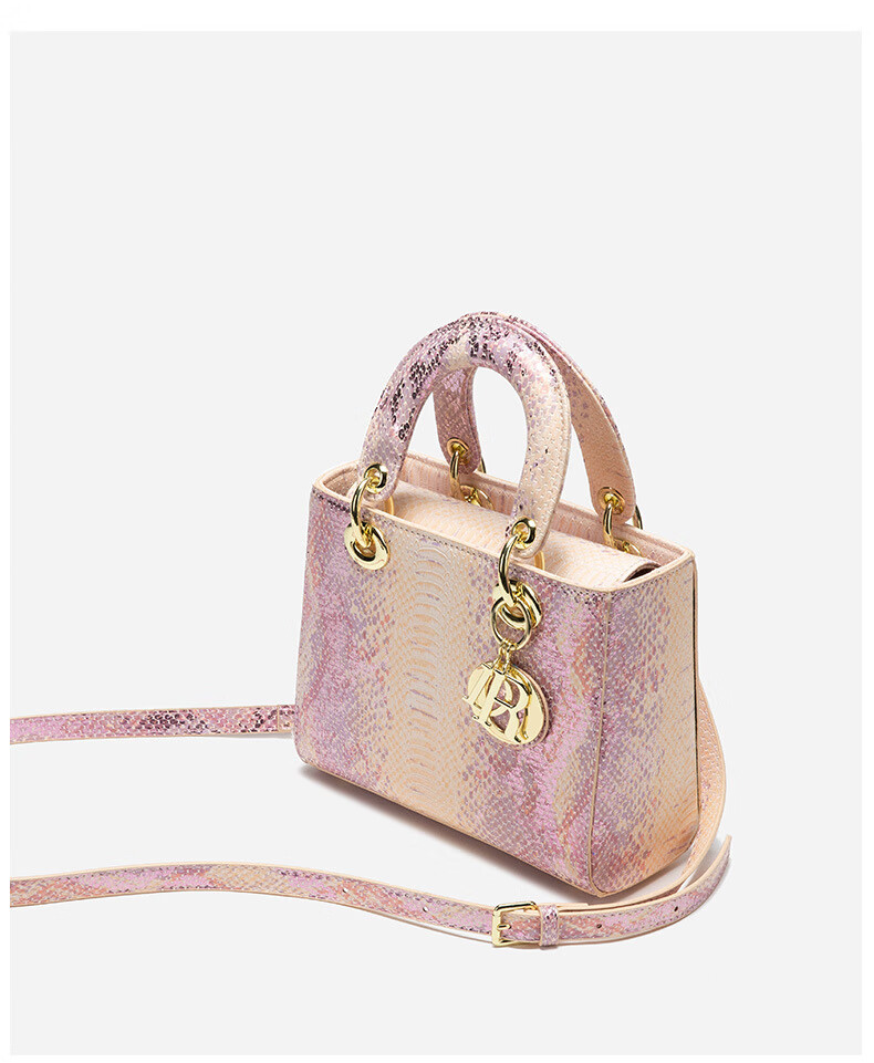 ou mei lv蛇纹2022新款戴妃包质感单肩斜挎包包时尚粉色手提女包 横款