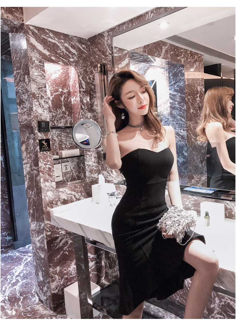 南糖三色性感女装黑色性感抹胸礼服裙女春秋新款收腰显瘦包臀连衣裙w