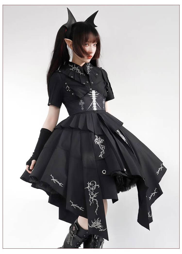 古典樱洛芙 【melonshow】雾都荆棘 纯黑色op军lo lolita设计连衣裙送