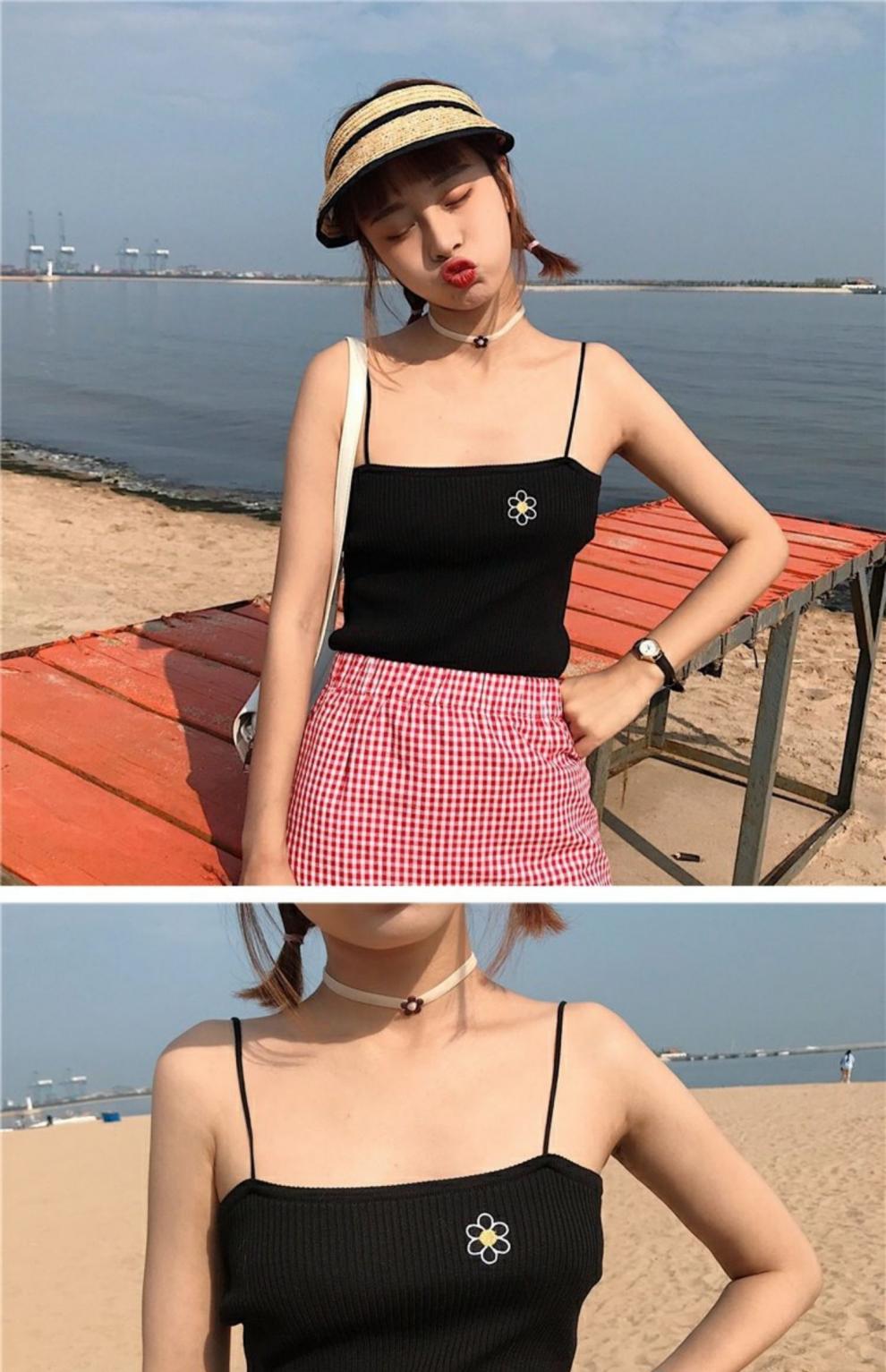 泫雅风花朵刺绣针织吊带背心女外穿夏季2019新款内搭学生打底上衣