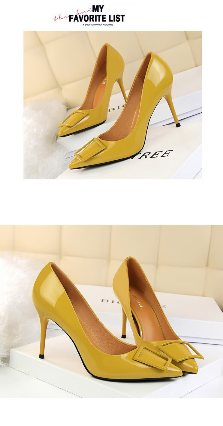 bigtree高跟鞋女细跟方扣女鞋尖头韩版职业ol工作鞋浅口时尚单鞋 红色