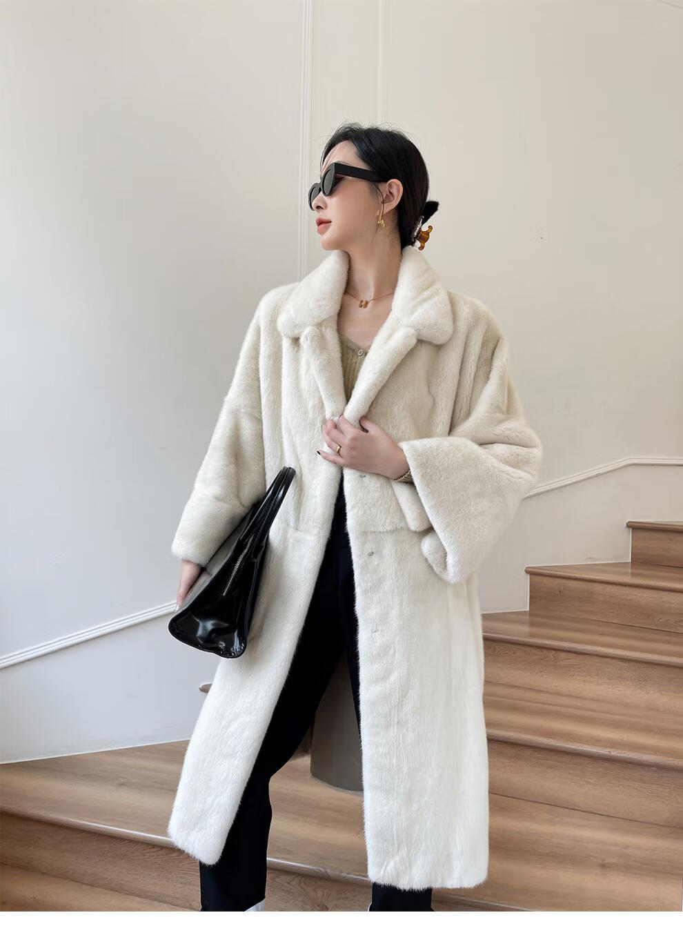 女装貂皮大衣女冬季新款十字貂中长款宽松水貂皮草外套 珍珠色(预售)