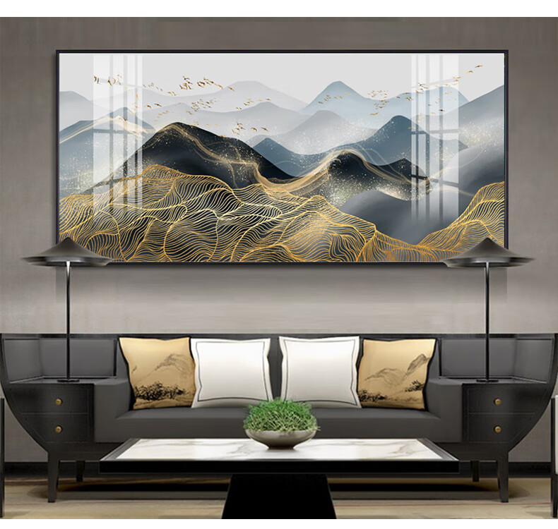 现代简约新中式客厅抽象金箔水墨山水画一帆风顺靠山旭日沙发挂画k
