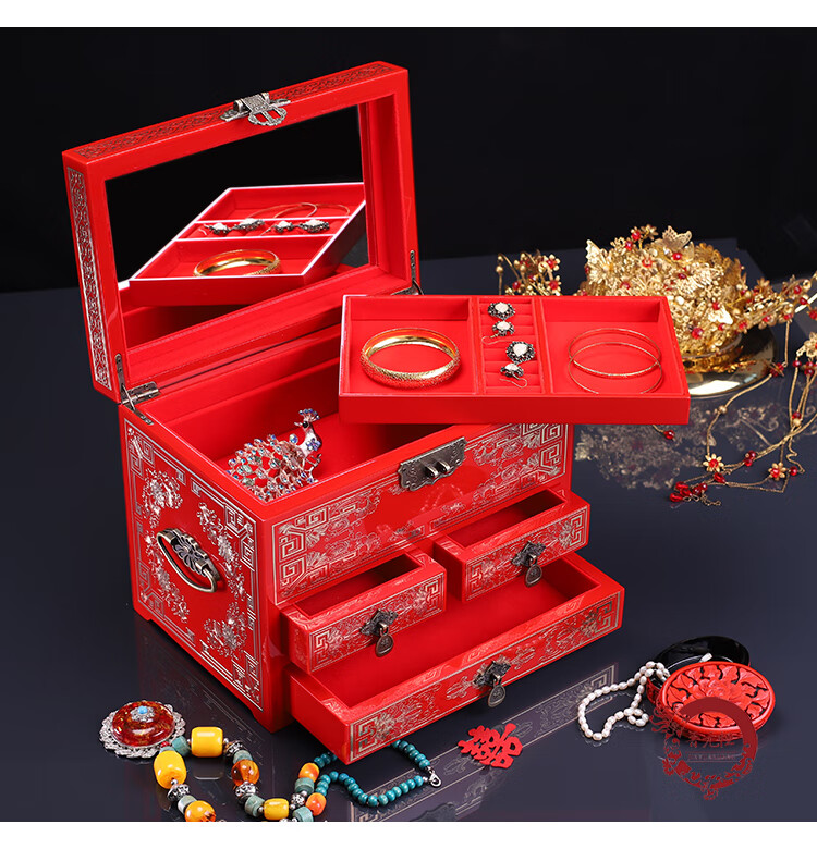 京选优品平遥推光漆器晋元恒双层古风妆奁盒复古首饰盒平遥推光漆闺蜜