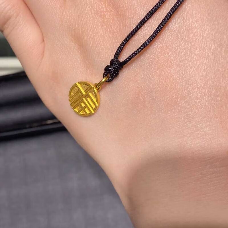 老凤凰款黄金小福牌吊坠女999足金3d硬金福牌项链女锁骨链手工编织