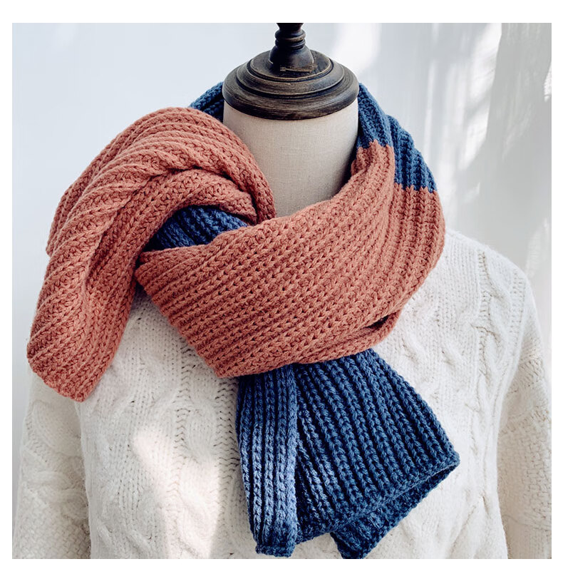 双色显白针织围巾女秋冬季保暖毛线学生百搭围脖 浅绿 豆绿色