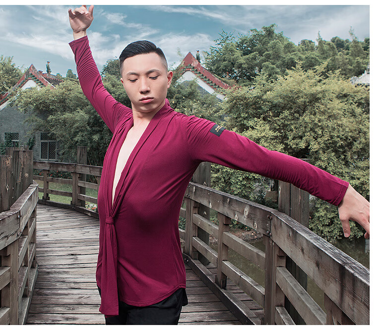 舞蹈练功服上衣拉丁舞交谊舞开衫国标舞男士跳舞服装训练服xlt 绛红色