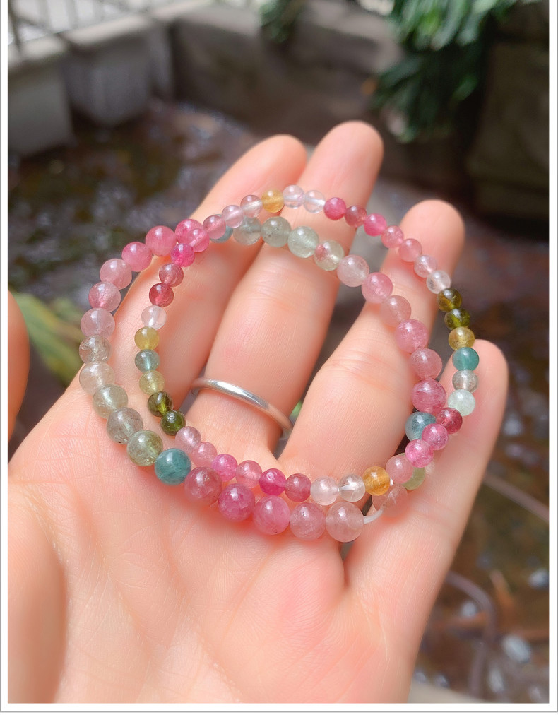 圈手链女糖果七彩虹水晶粉双色手串饰品 净手围15cm-马卡龙碧玺珠径5
