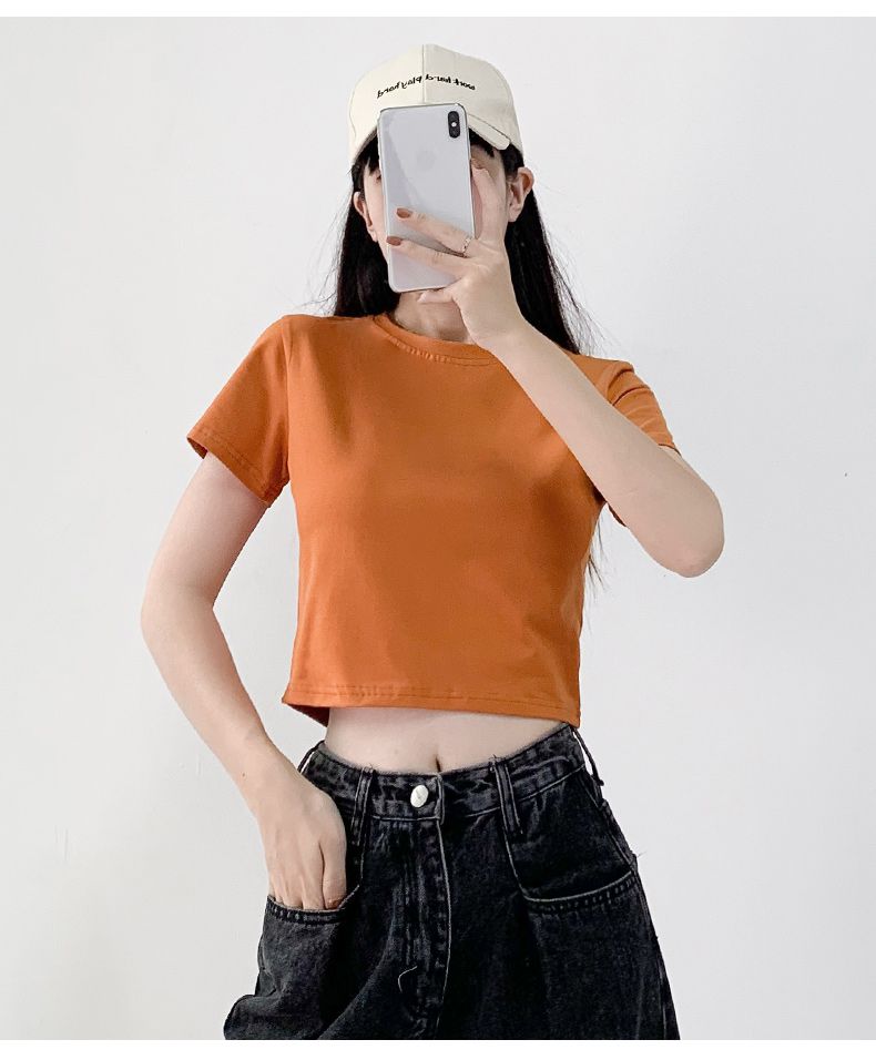 女生夏季衣服露肚子爵士风漏肚子女上衣短袖t恤短款美式圆领高腰显bm